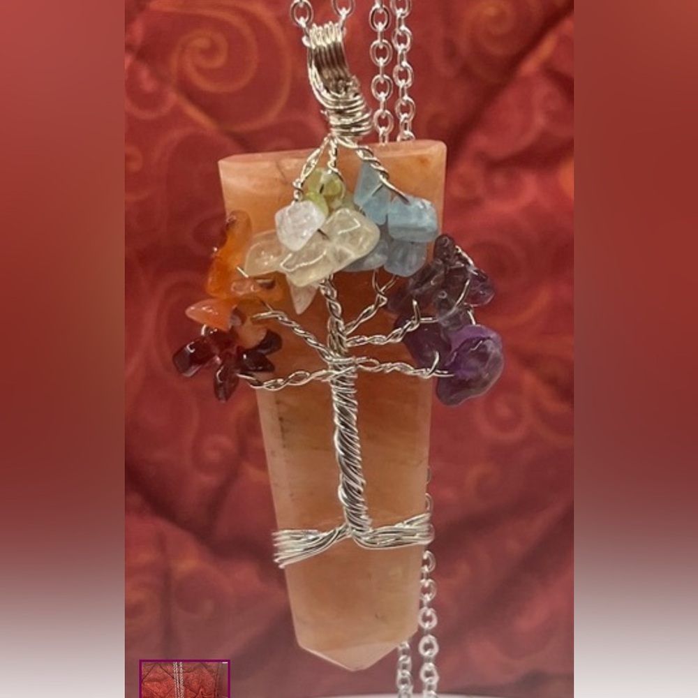 Carnelian Tree of Life Pendant Necklace w Gemstones and 24 inch plated chain
